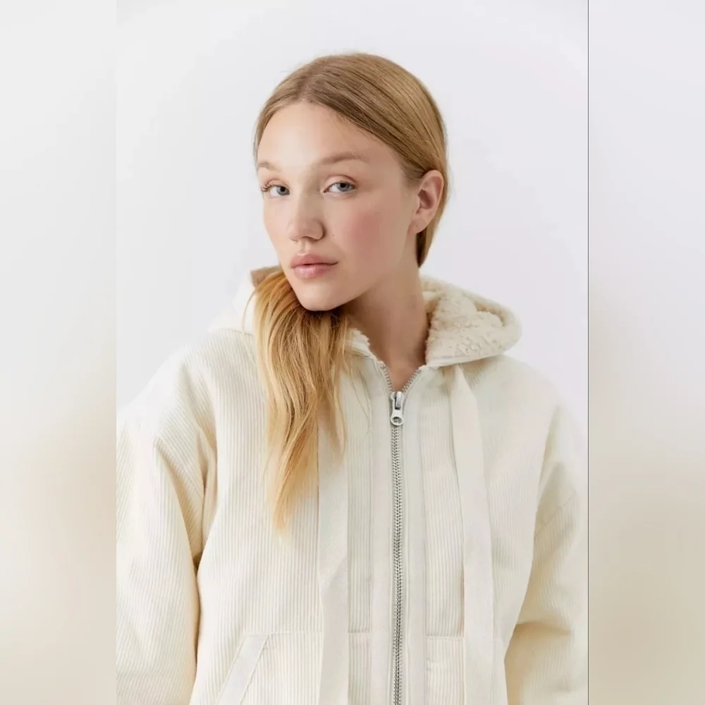 Urban Outfitters Casey Corduroy Zip Hooded Puffer Jacket White Ivory Large - Picture 13 of 13